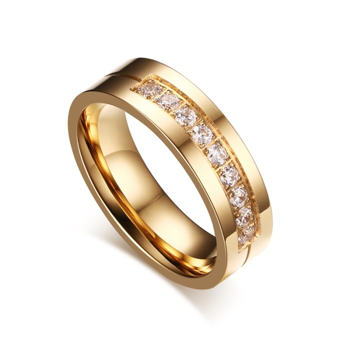 Stainless Steel IP Gold Engagement band Ring with 9 CZs