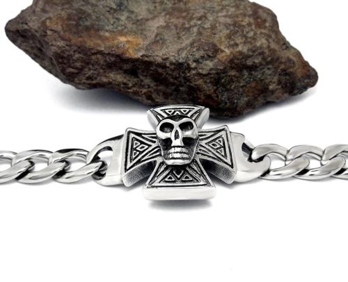 Stainless Steel Skull on Iron Cross Bracelet