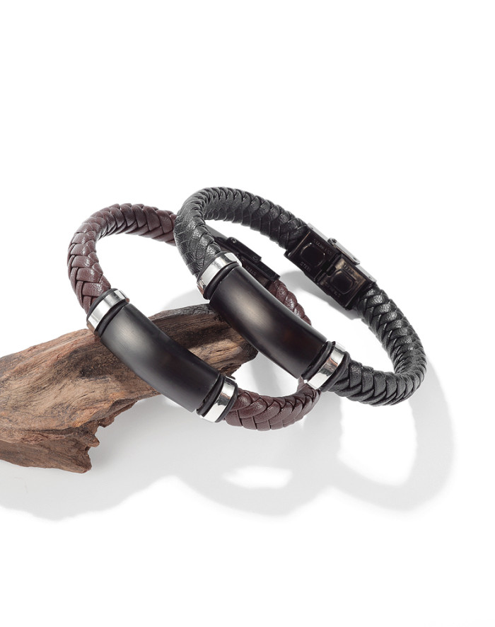 Wholesale Stainless Steel Personalized Men’s Braided Black Leather Bracelet