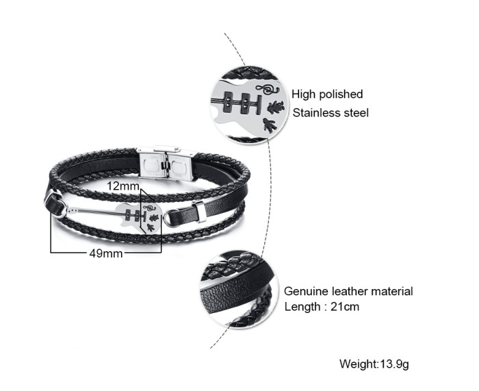 Wholesale Stainless Steel Guitar Leather Bracelet for Men