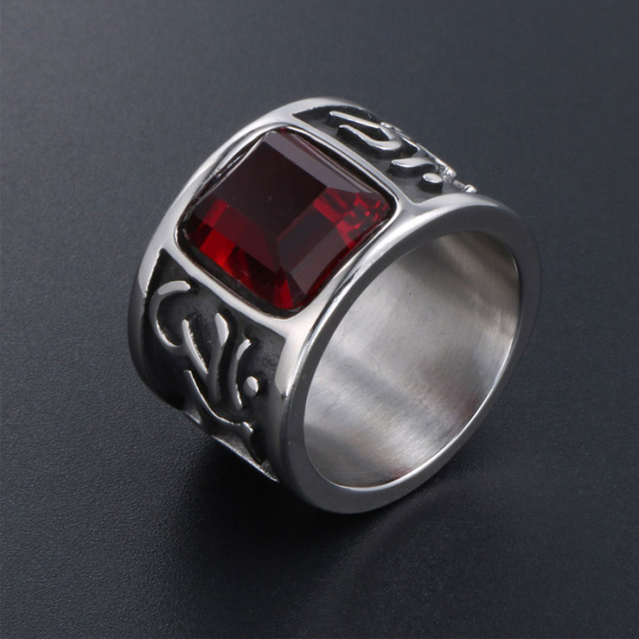 Mens Stainless Steel Biker Rings with Ruby CZ