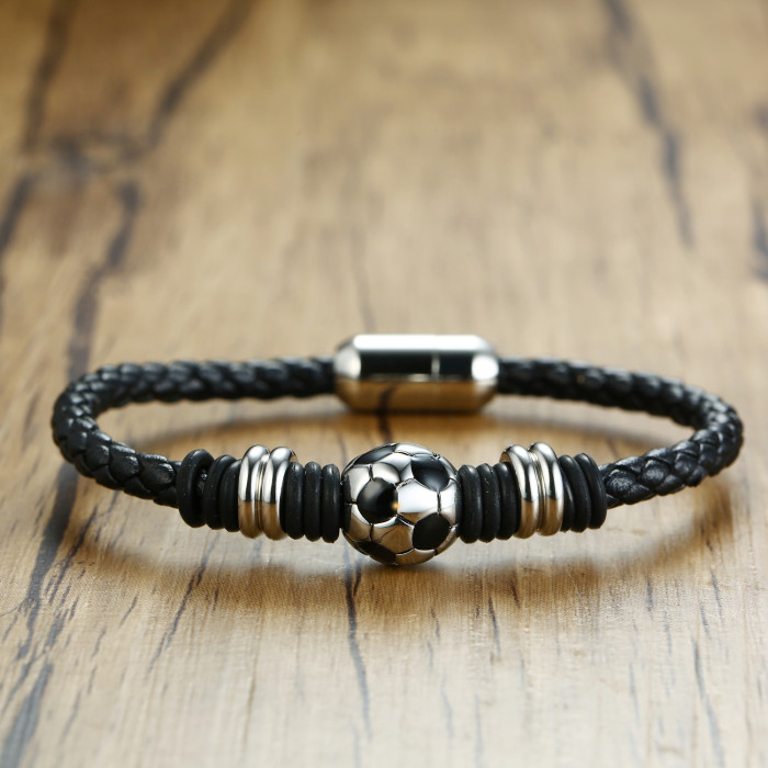 Wholesale Stainless Steel Football Bead Leather Bracelet