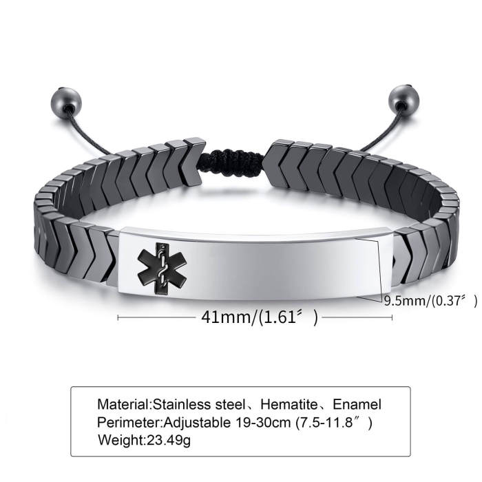Wholesale Stainless Steel Black Gallstone Woven Medical Bracelet