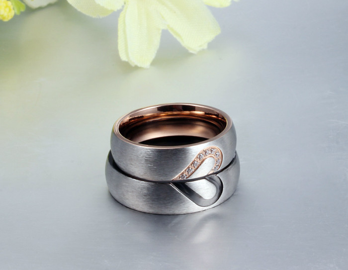Stainless Steel Brushed Center Heart Match wedding ring sets