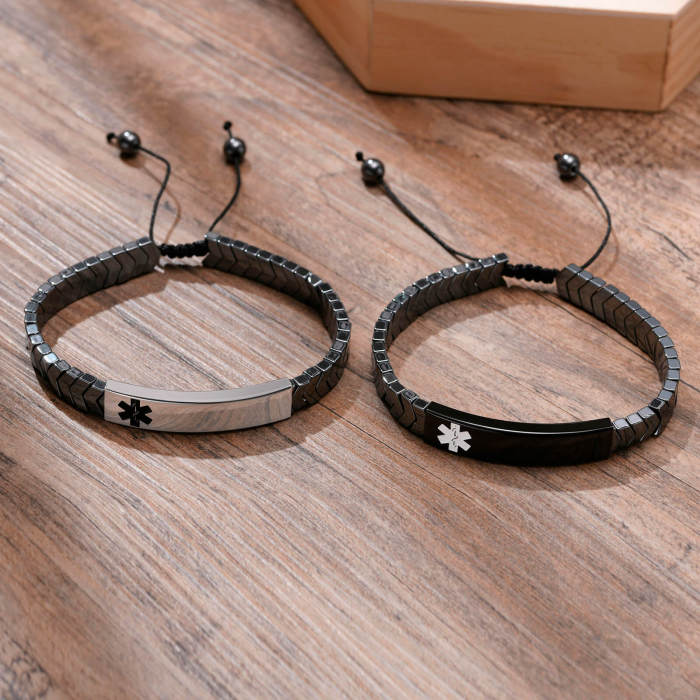 Wholesale Stainless Steel Black Gallstone Woven Medical Bracelet