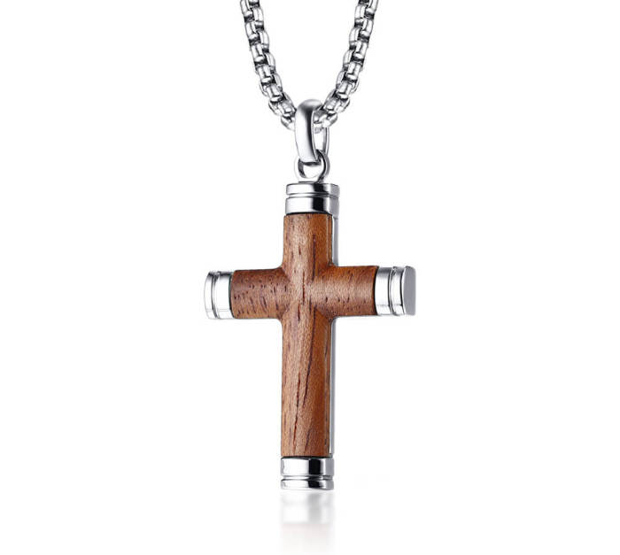 Wholesale Stainless Steel Inlay Wood Cross Pendant