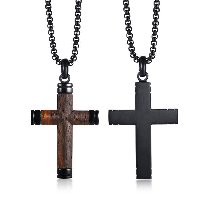 Wholesale Stainless Steel Inlay Wood Cross Pendant