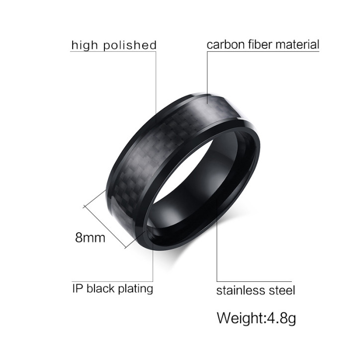8mm Men's Stainless Steel Black IP in Black Carbon Fiber Ring