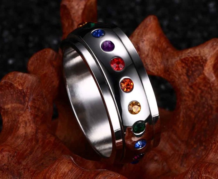 Rainbow CZ Round Spinner Stainless Steel Rings Honey