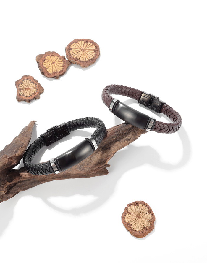 Wholesale Stainless Steel Personalized Men’s Braided Black Leather Bracelet