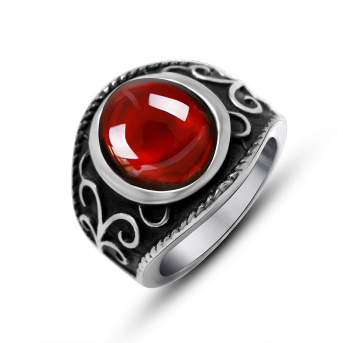 Wholesale Stainless Steel Garnet CZ Vintage Biker Ring