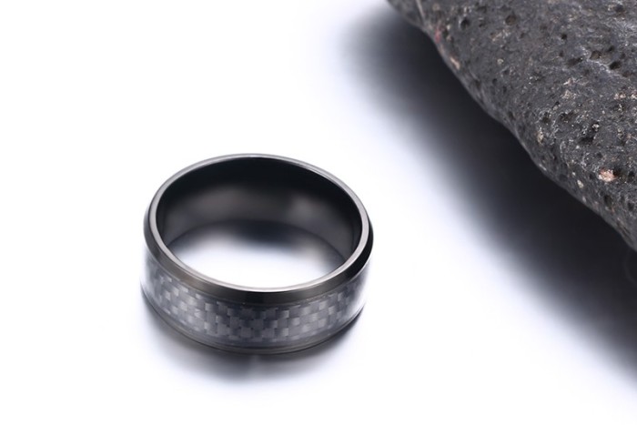 8mm Men's Stainless Steel Black IP in Black Carbon Fiber Ring
