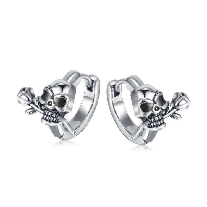 Wholesale Stainless Steel Skull and Rose Hoop Earrings