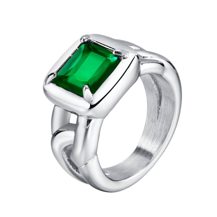 Wholesale Women Stainless Steel Green Zirconia Ring