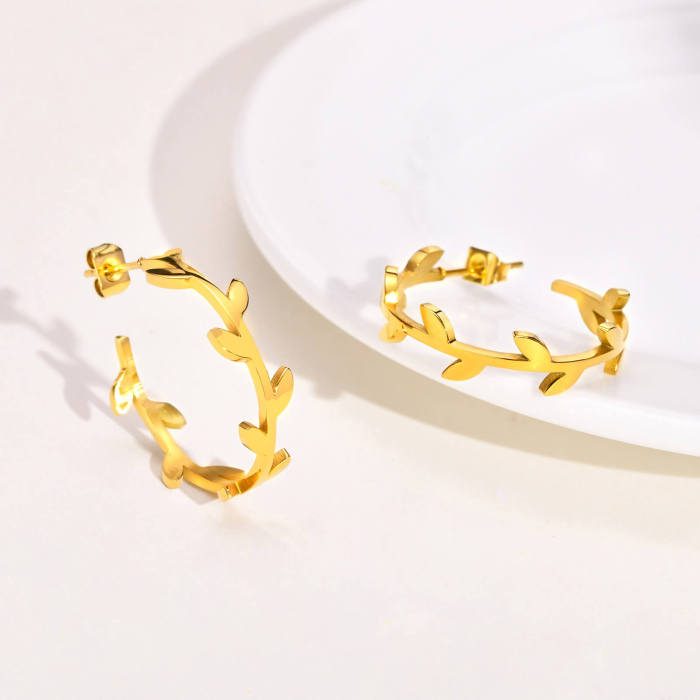 Wholesale Stainless Steel Leaf C-shaped Earrings