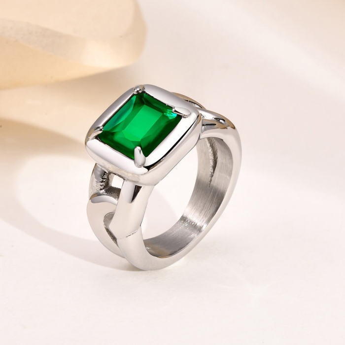Wholesale Women Stainless Steel Green Zirconia Ring