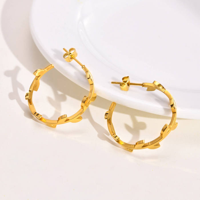 Wholesale Stainless Steel Leaf C-shaped Earrings