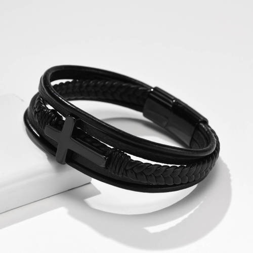 Wholesale Stainless Steel Cross Leather Bracelet
