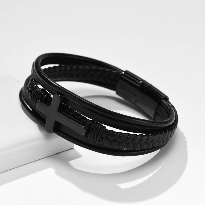 Wholesale Stainless Steel Cross Leather Bracelet