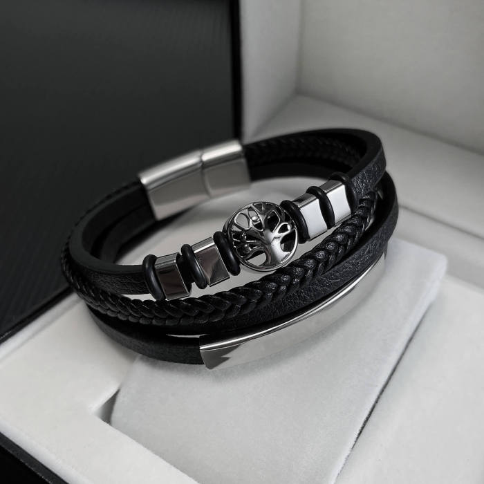 Wholesale Stainless Steel Bark of Life Leather Bracelet