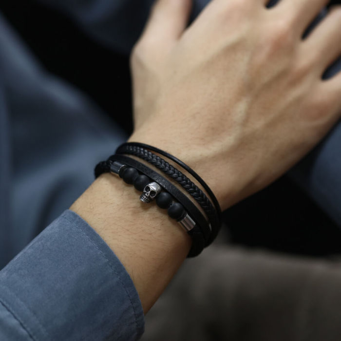 Wholesale Skull Leather Bracelet for Men