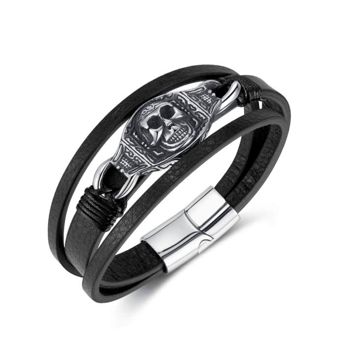 Wholesale Steel Skull Leather bracelet for mens