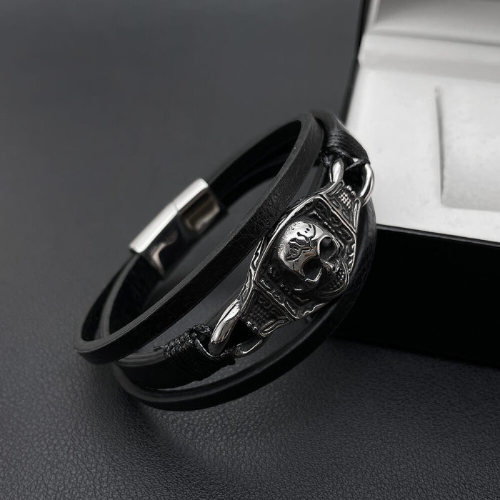 Wholesale Steel Skull Leather bracelet for mens