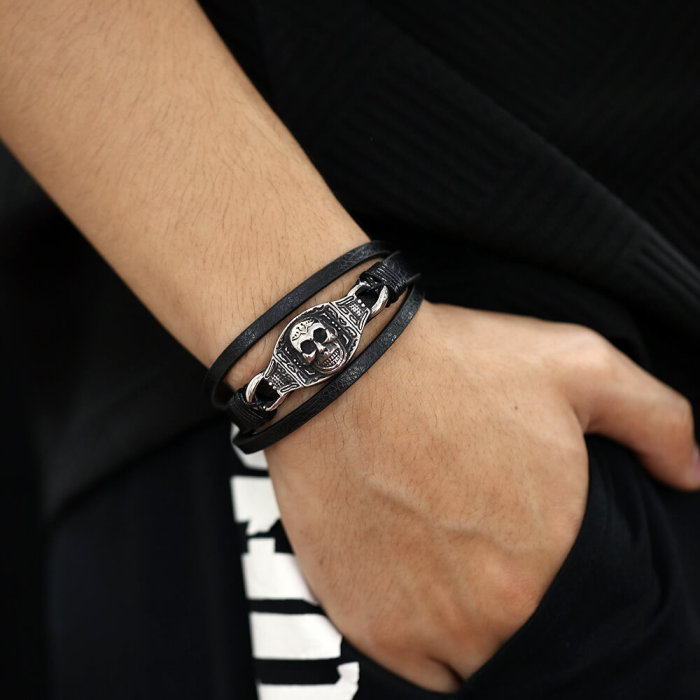 Wholesale Steel Skull Leather bracelet for mens