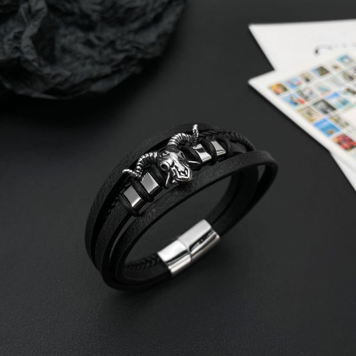 Wholesale Steel Goat Head Leathet Bracelet