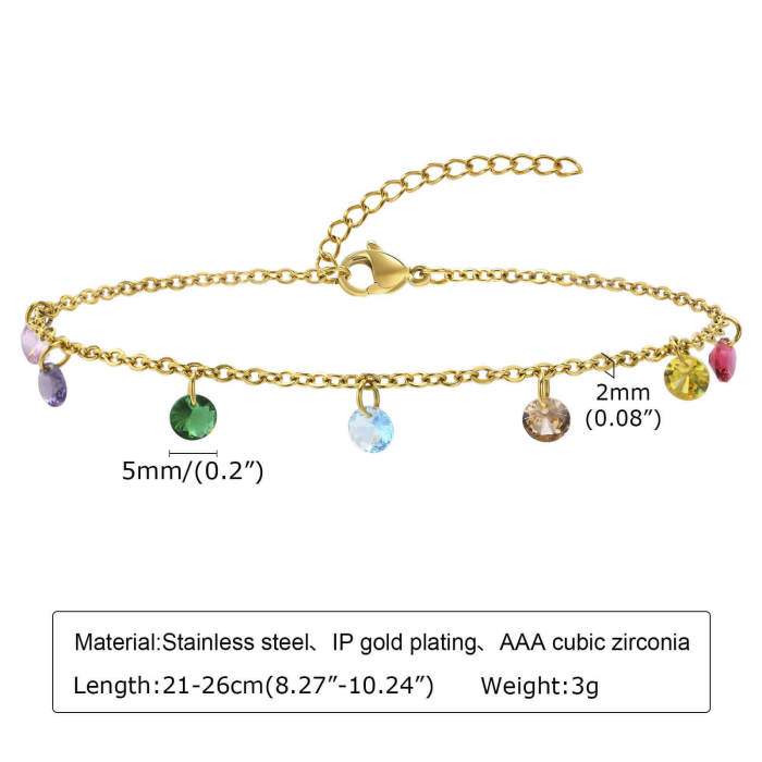 Wholesale Stainless Steel 7 Color Zirconia Anklet
