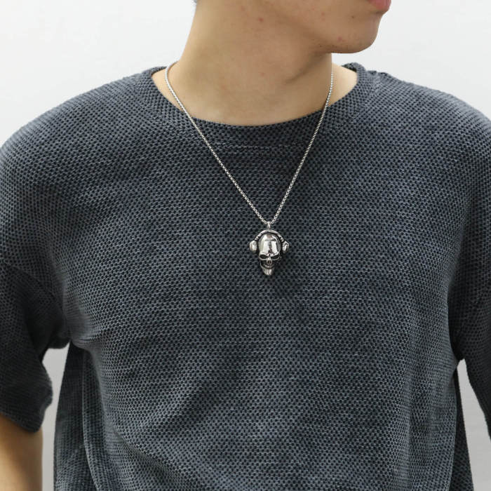 Wholesale Stainless Steel Skull with Headphone Necklace