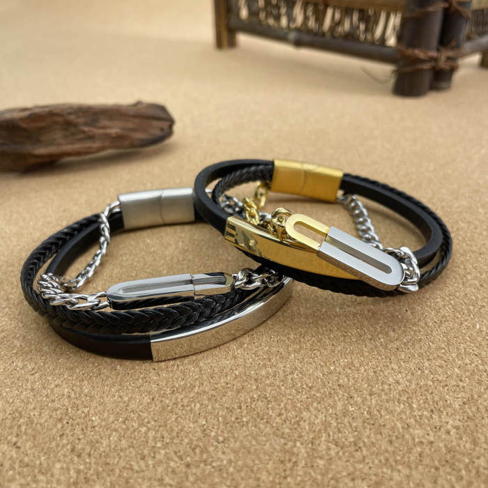 Wholesale Stainless Steel Leather Bracelet