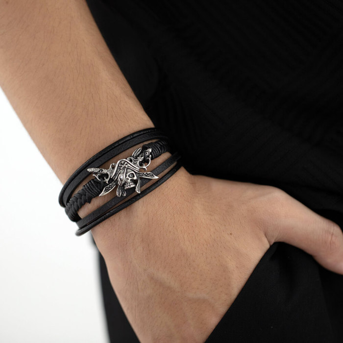Wholesale Stainless Steel Pirate Leather Bracelet