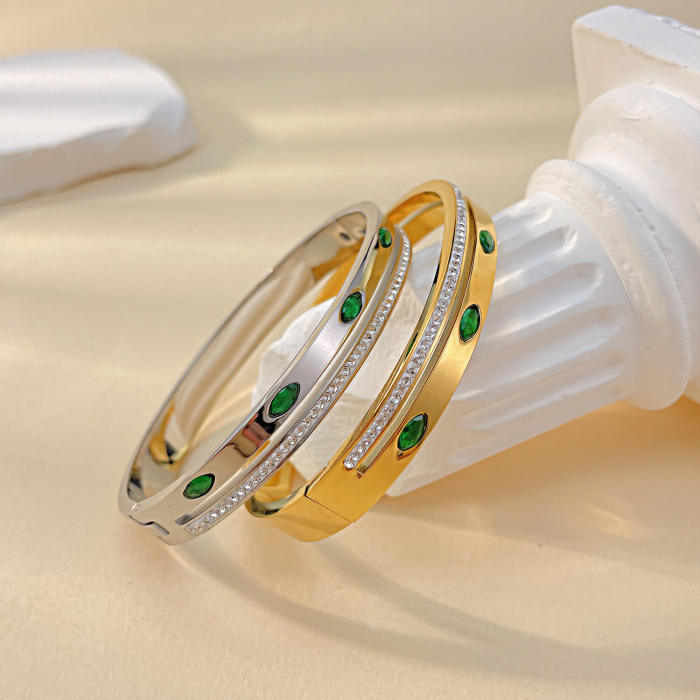Wholesale Stainless Steel Bangle with Green CZ