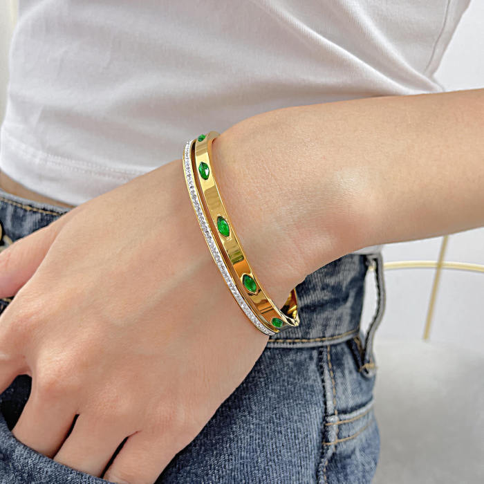 Wholesale Stainless Steel Bangle with Green CZ