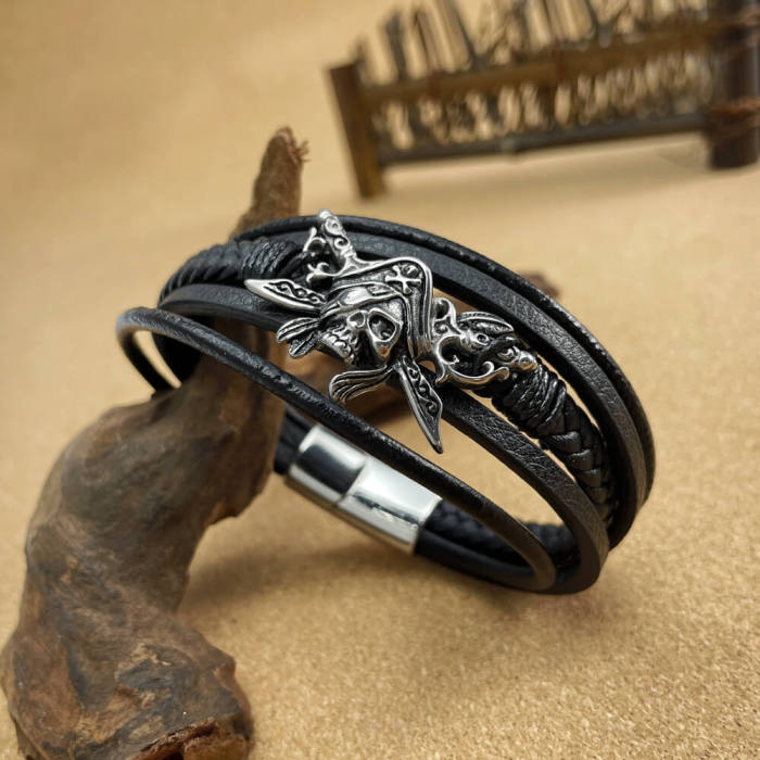 Wholesale Stainless Steel Pirate Leather Bracelet