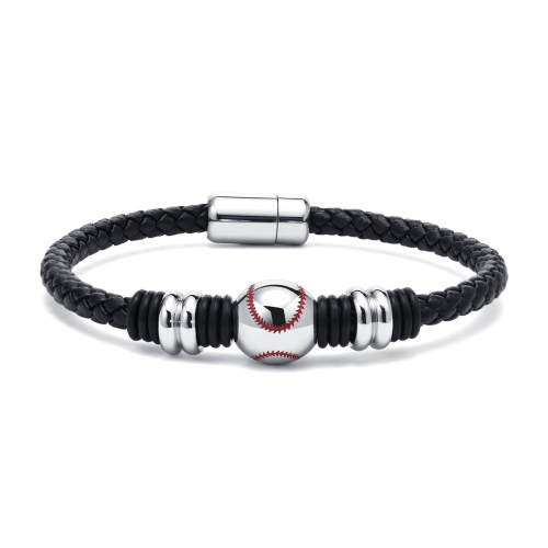 Wholesale Stainless Steel Baseball Patterned Leather Bracelet