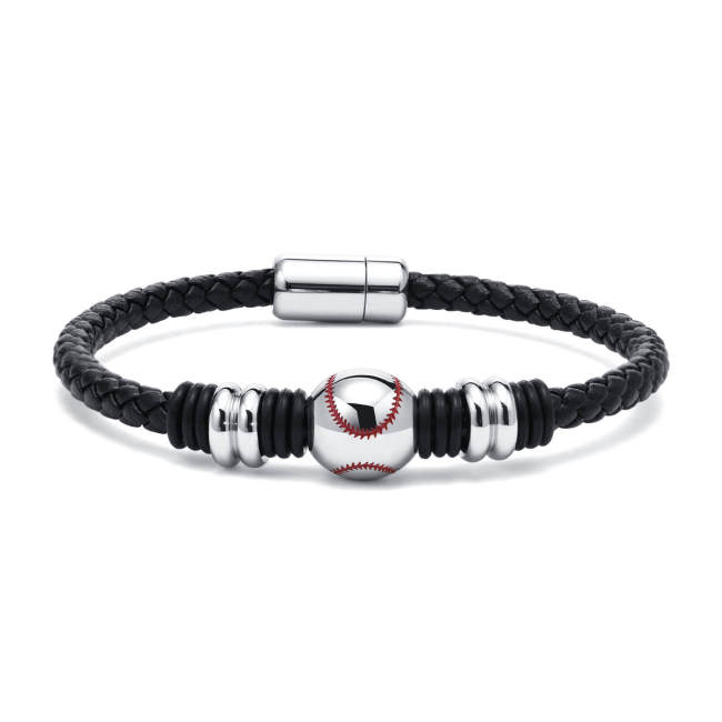 Wholesale Stainless Steel Baseball Patterned Leather Bracelet