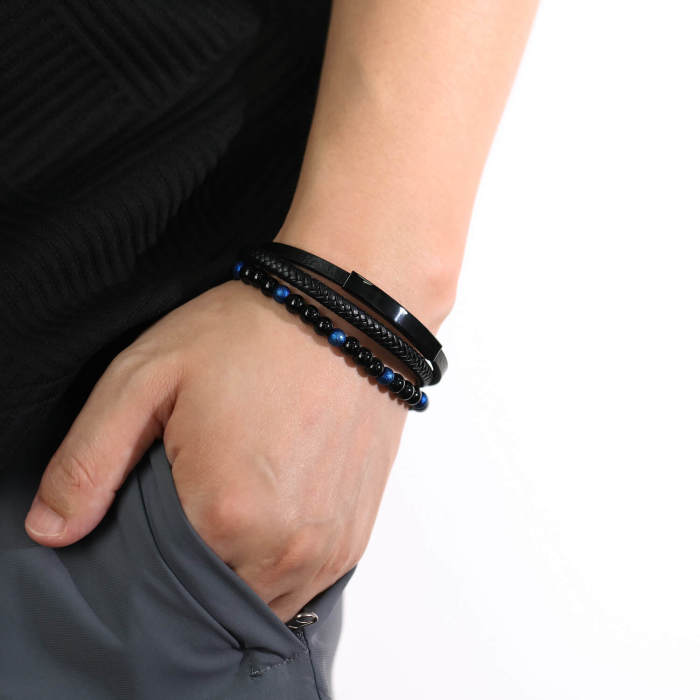 Wholesale Steel Onyx Beaded Leather Bracelet