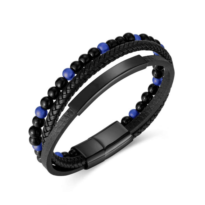 Wholesale Steel Onyx Beaded Leather Bracelet