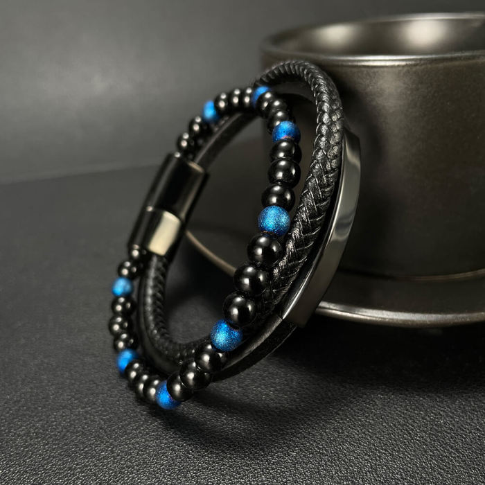 Wholesale Steel Onyx Beaded Leather Bracelet
