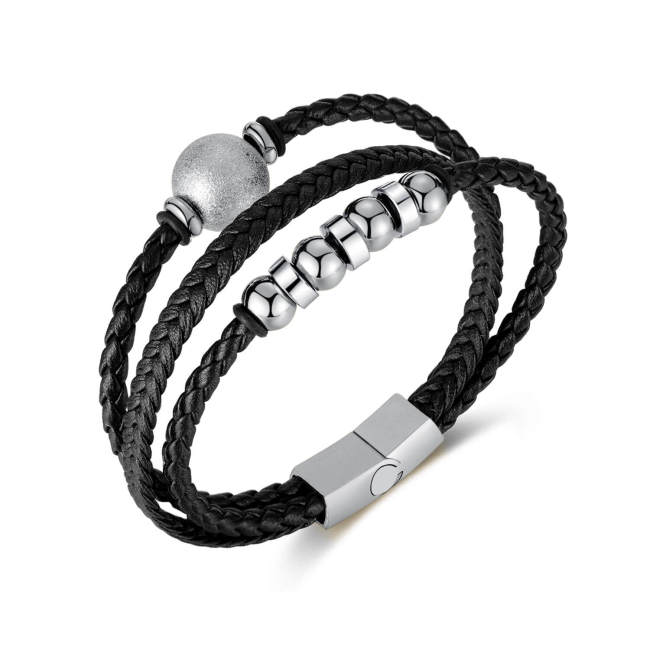 Wholesale Stainless Steel Beaded Leather Bracelet