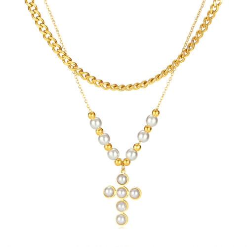 Wholesale Stainless Steel Pearl Cross Stacked Necklace