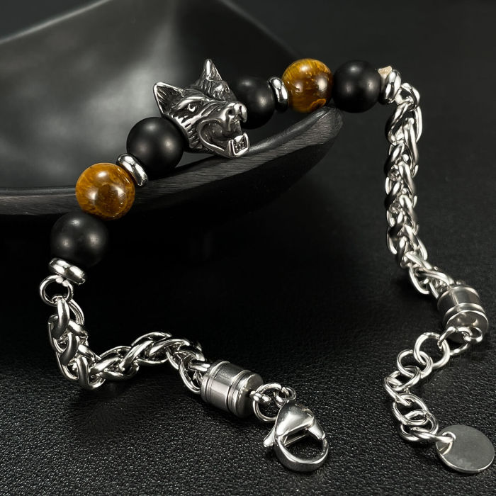 Wholesale Stainless Steel Wolf's Head Tiger's Eye Bracelet