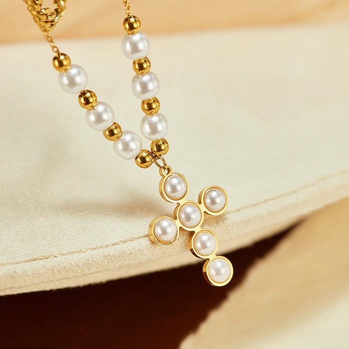 Wholesale Stainless Steel Pearl Cross Stacked Necklace