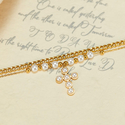 Wholesale Stainless Steel Pearl Cross Stacked Necklace