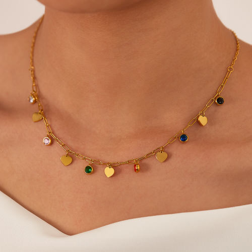 Wholesale Stainless Steel Heart Colored Zirconia Necklace