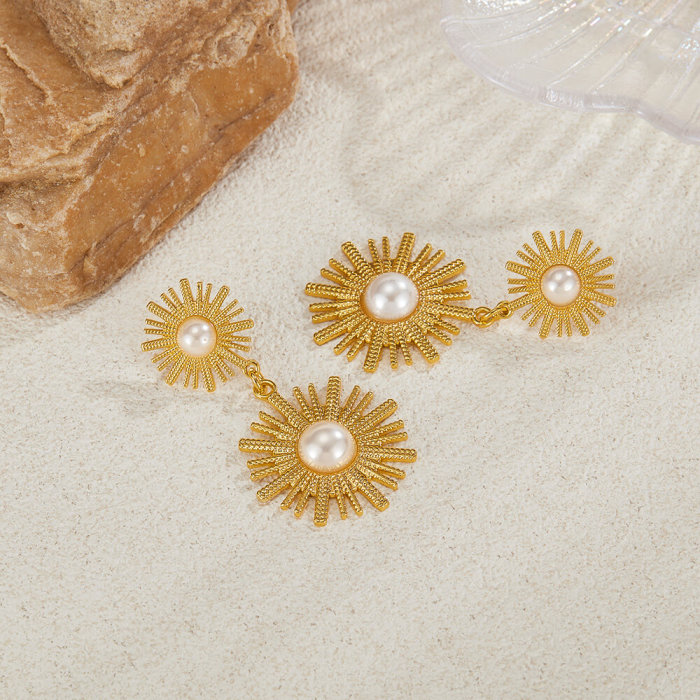 Wholesale Stainless Steel Sunflower Pearl Earrings