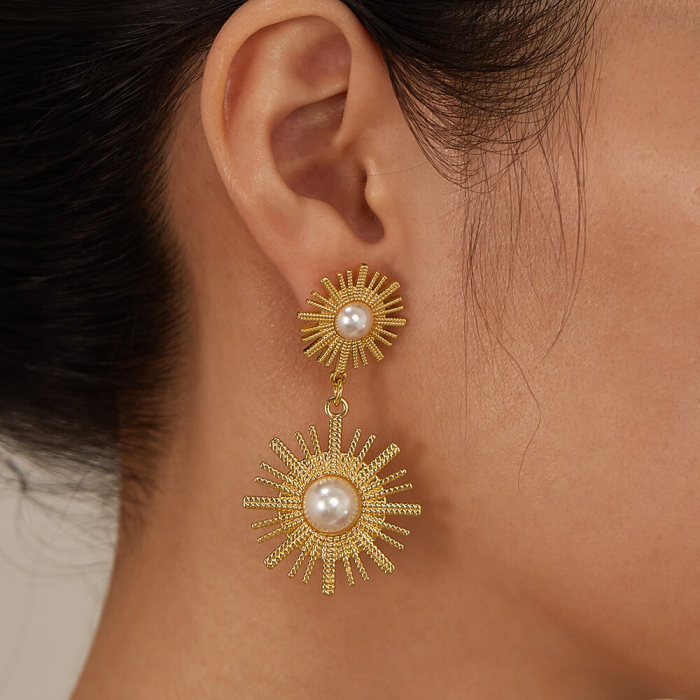 Wholesale Stainless Steel Sunflower Pearl Earrings