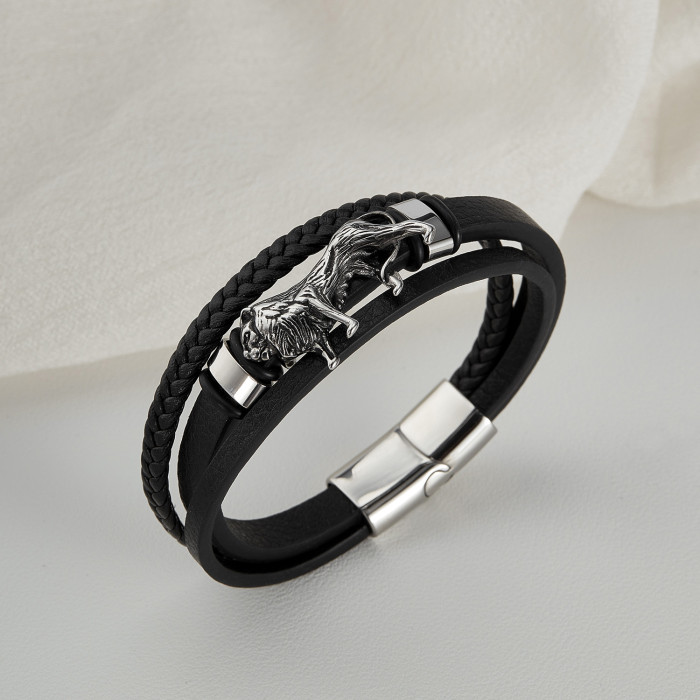 Wholesale Stainless Steel Lion Multi-Layer Leather Bracelet